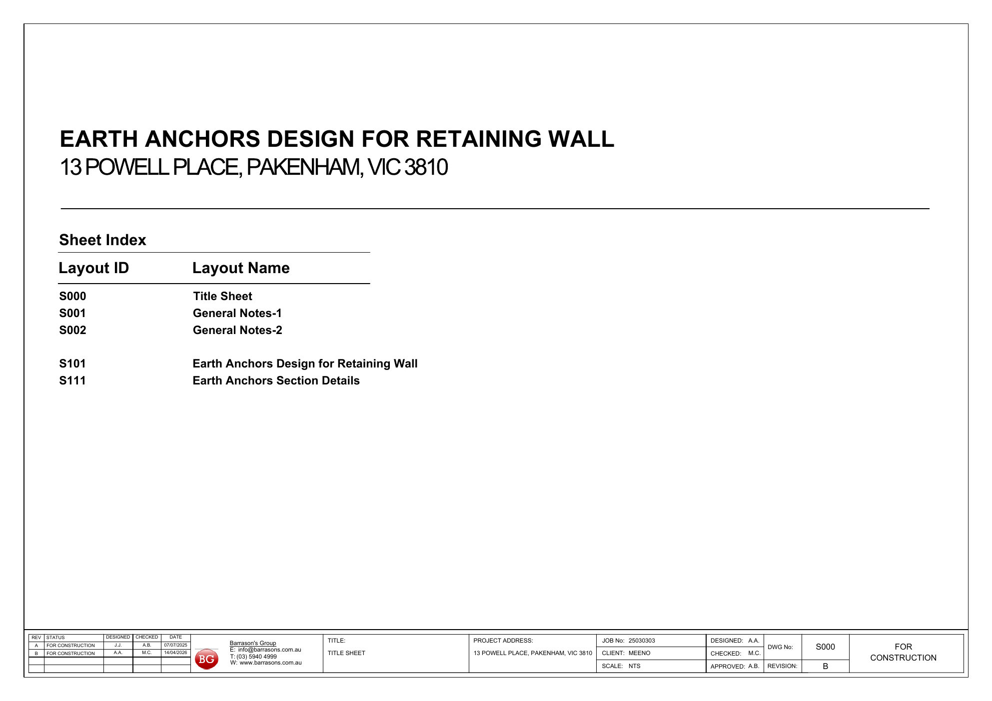 First page preview of Barrason’s earth-anchor drawings · Rev B