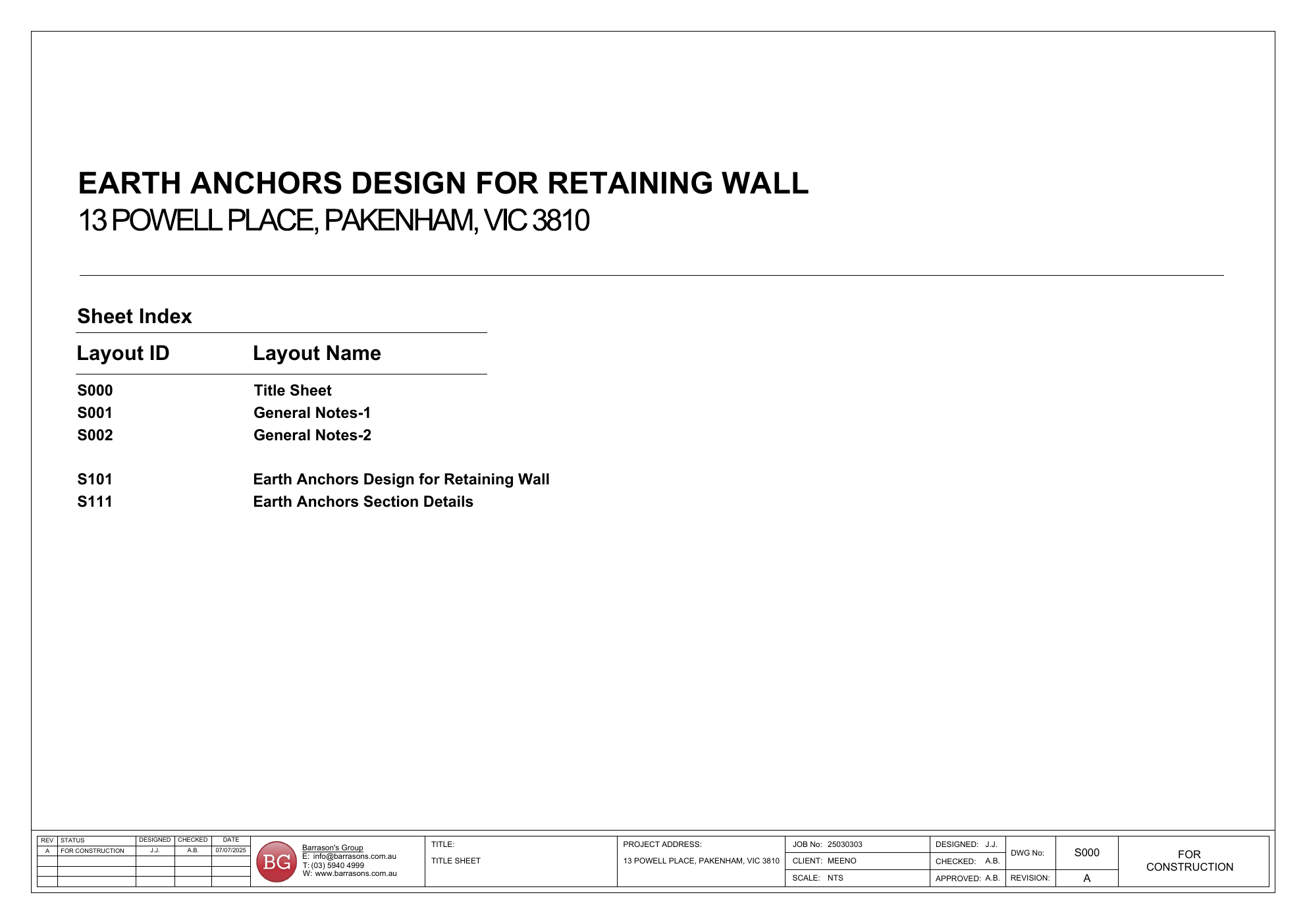 First page preview of Barrason’s earth-anchor drawings · Rev A