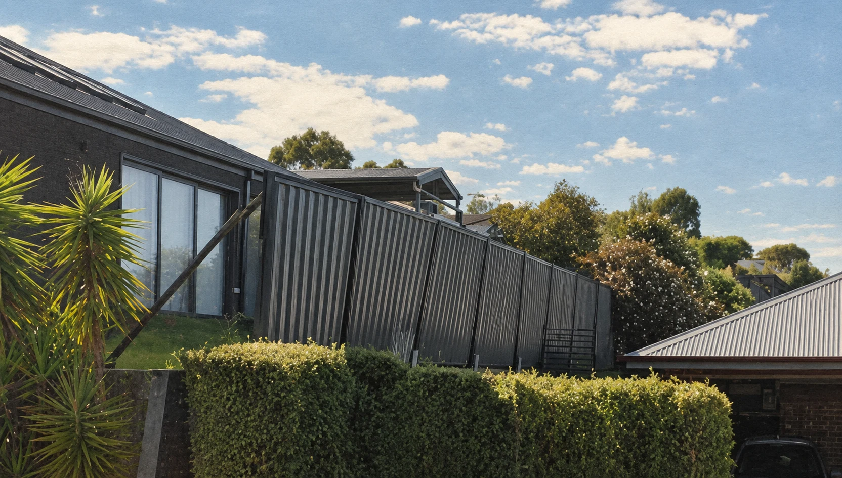 Contextual rendering of the rear boundary: leaning corrugated fence, diagonal brace, house and hedge