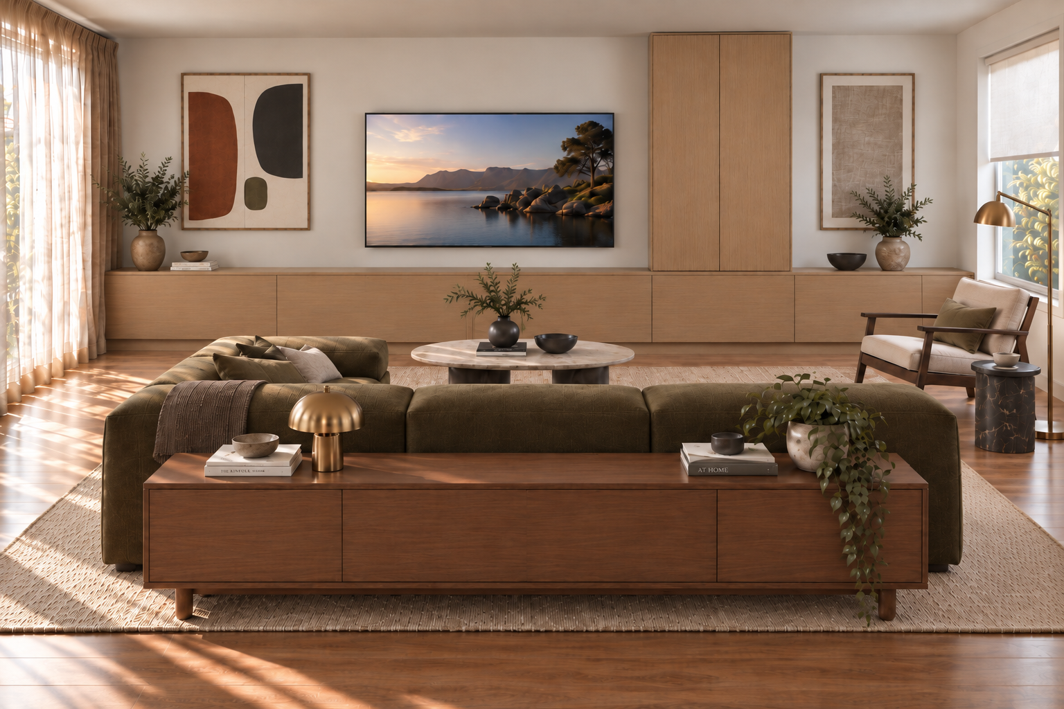 Proposed furnishing mockup of the Pakenham living room with walnut joinery, olive seating, framed art, layered lighting and plants.