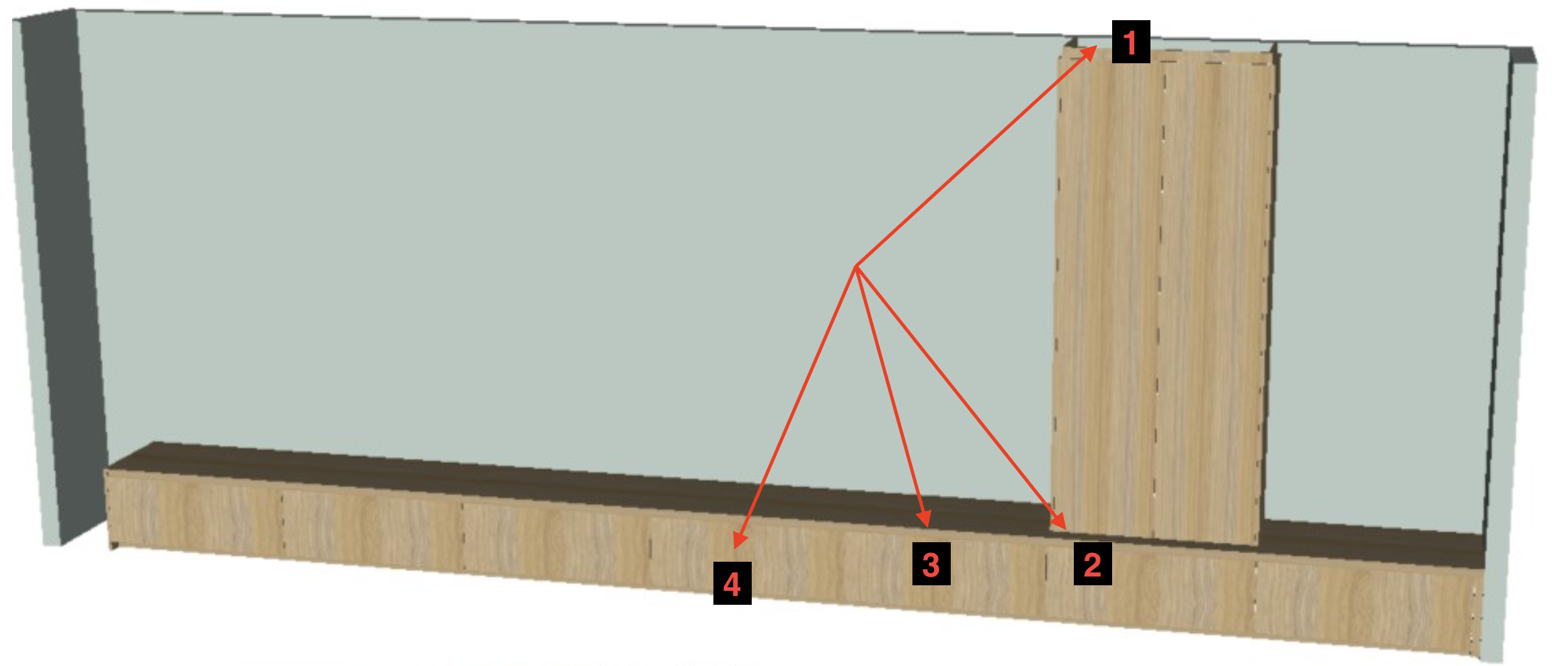Cabinet proposal marked with 1 at the ceiling, 2 at the tall cabinet base, 3 at the line above the lower fronts, and 4 at the central pull-down panel.