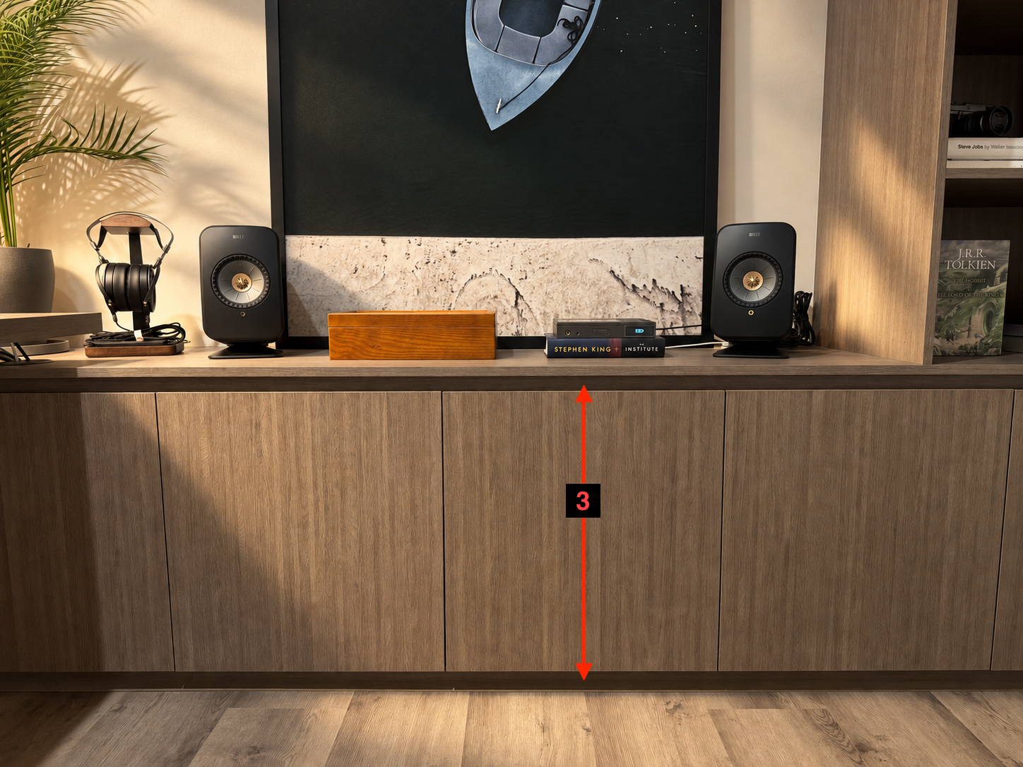 Existing home-office cabinetry showing a line above the lower fronts and a recessed base below.